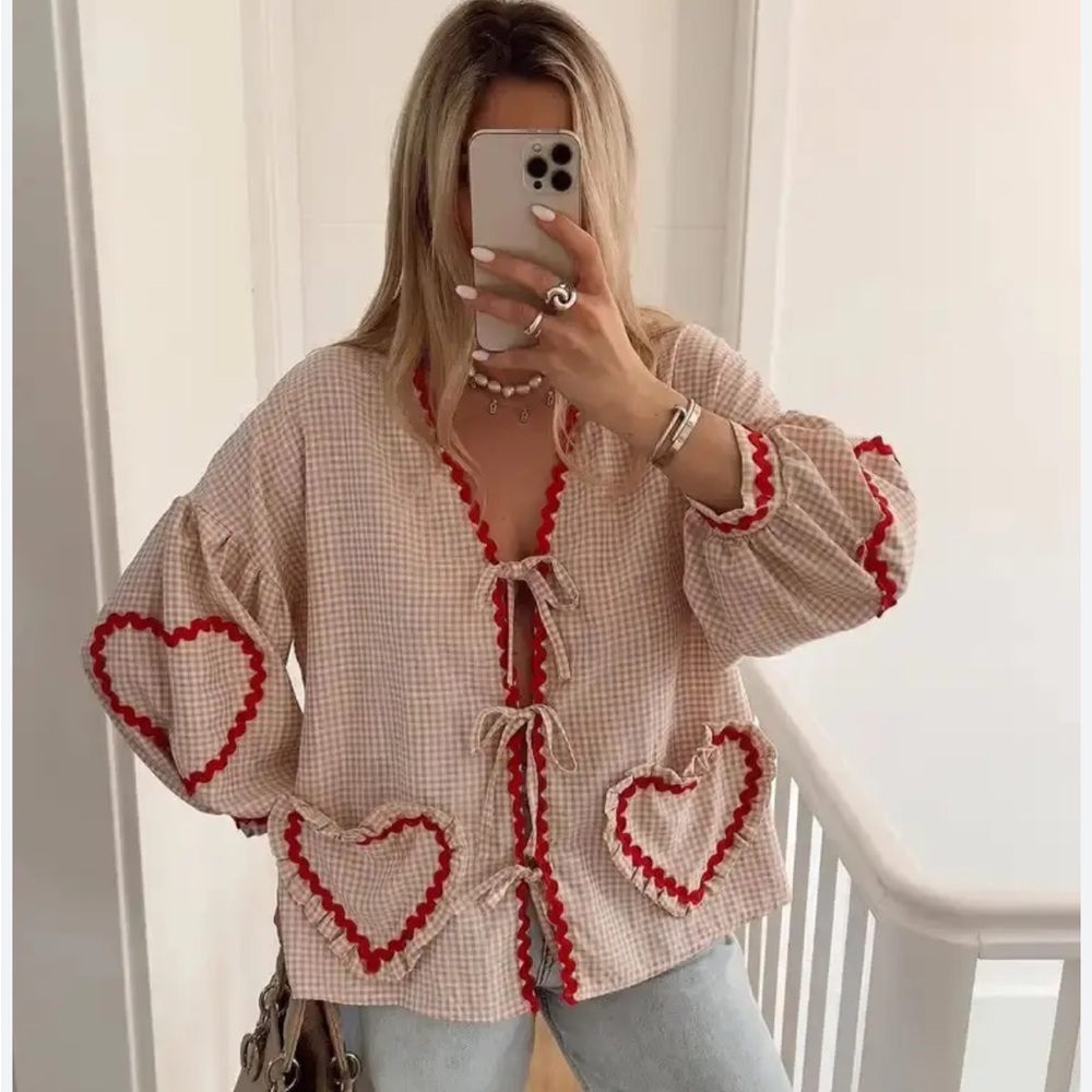 Gingham Cardigan with Heart Accents